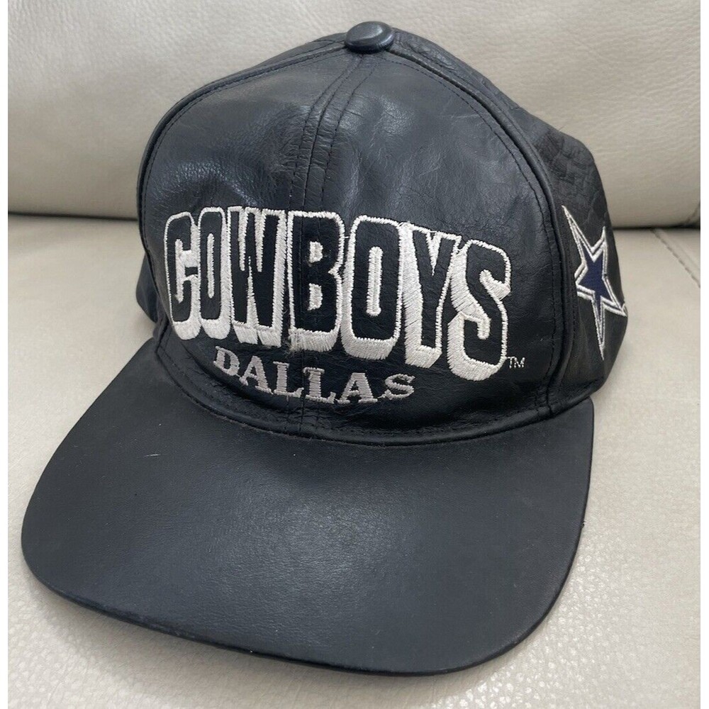 VTG Dallas Cowboys Hat Genuine Leather Team NFL Strap Back One Size Black EUC